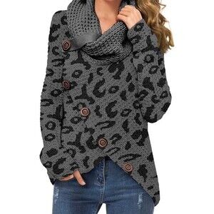 Grecerelle Sweater Gray Cheetah Cowl Neck Asymmetric Button Tulip Hem Size M NEW